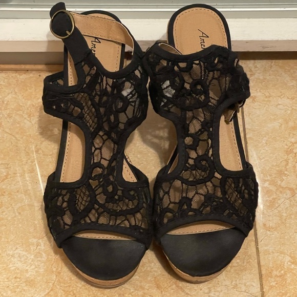 American eagle Shoes - American Eagle Black Wedge Sandals- Women’s 9- Heels, Strappy Boho Lace cork